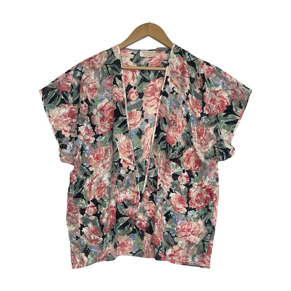 Vintage Victorias Secret Kimono Top Womens Medium Pink Floral Open Front Sheer
